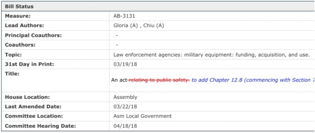 AB 3131 status page: table under the status bar